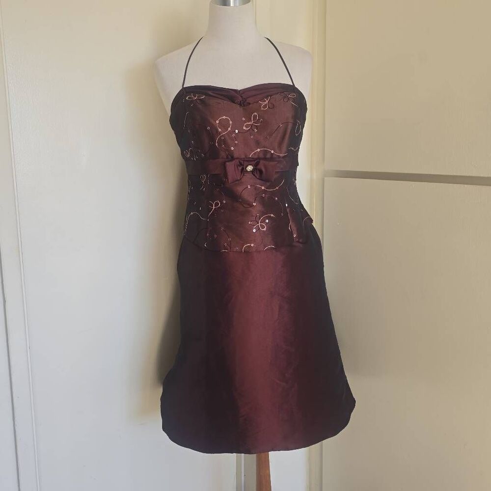 Vtg. Dollar Brown Taffeta Dress, Straps, Sequins, Knee Length Party,EUC, XL JRS